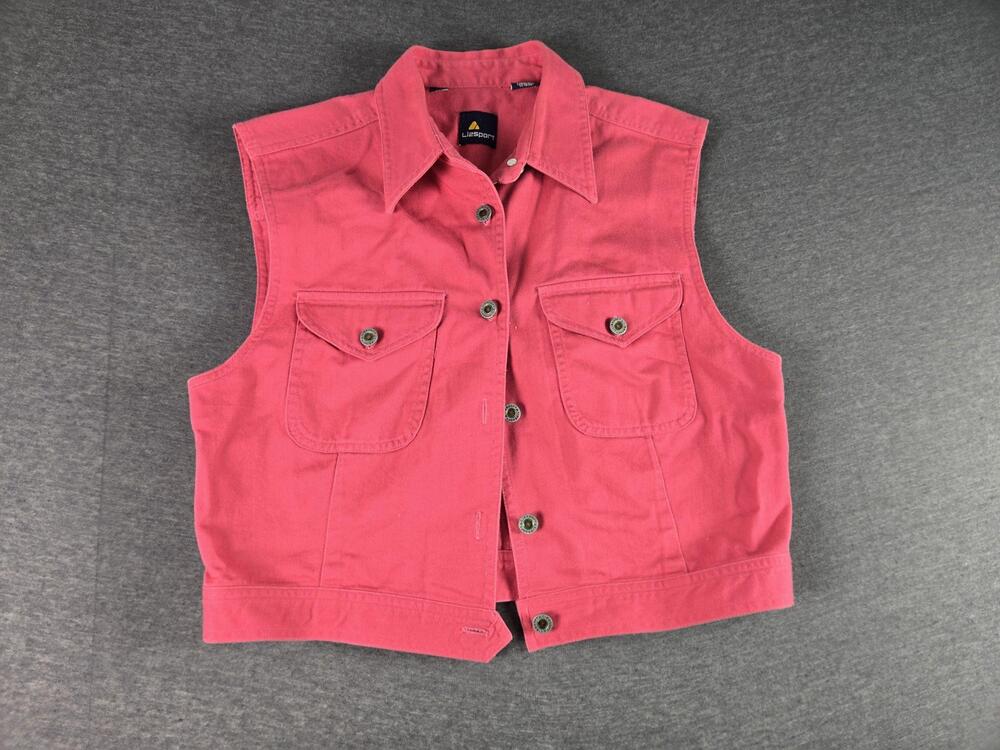 VTG 90s Liz Sport Vest Womens Medium Pink Utility Cotton Twill Button Front
